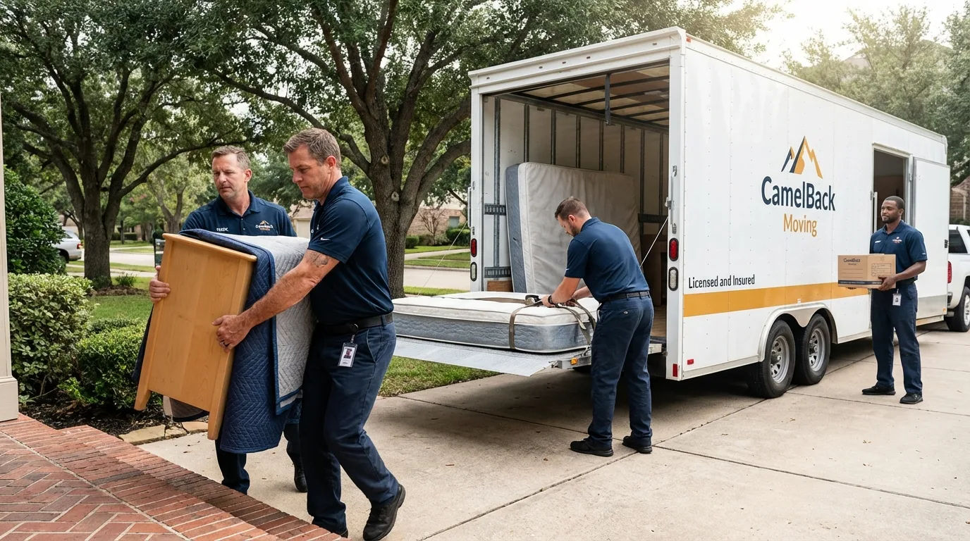 Crew loading residential truck for cross-state move from Friendswood, TX
