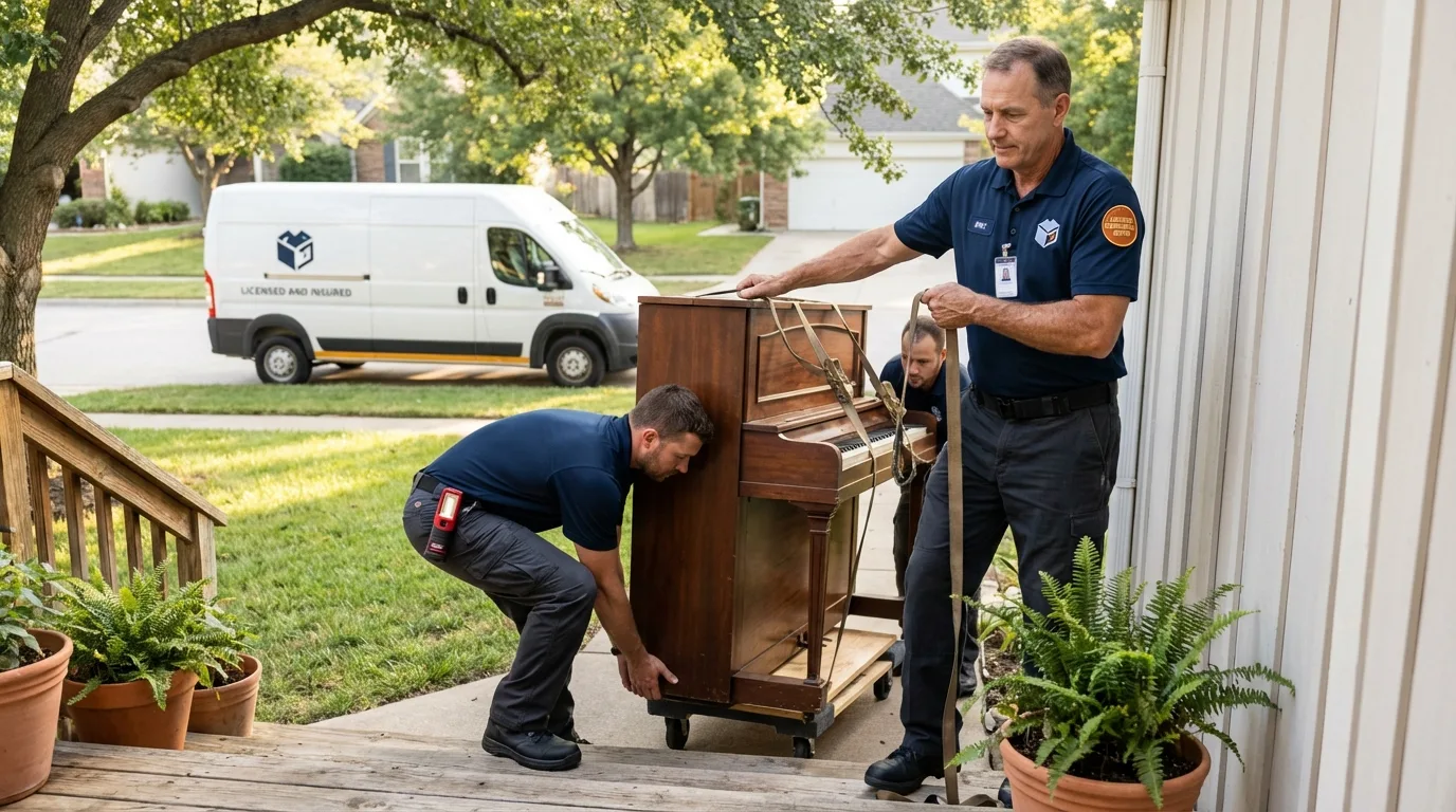 Licensed piano movers securing grand piano in Friendswood, TX