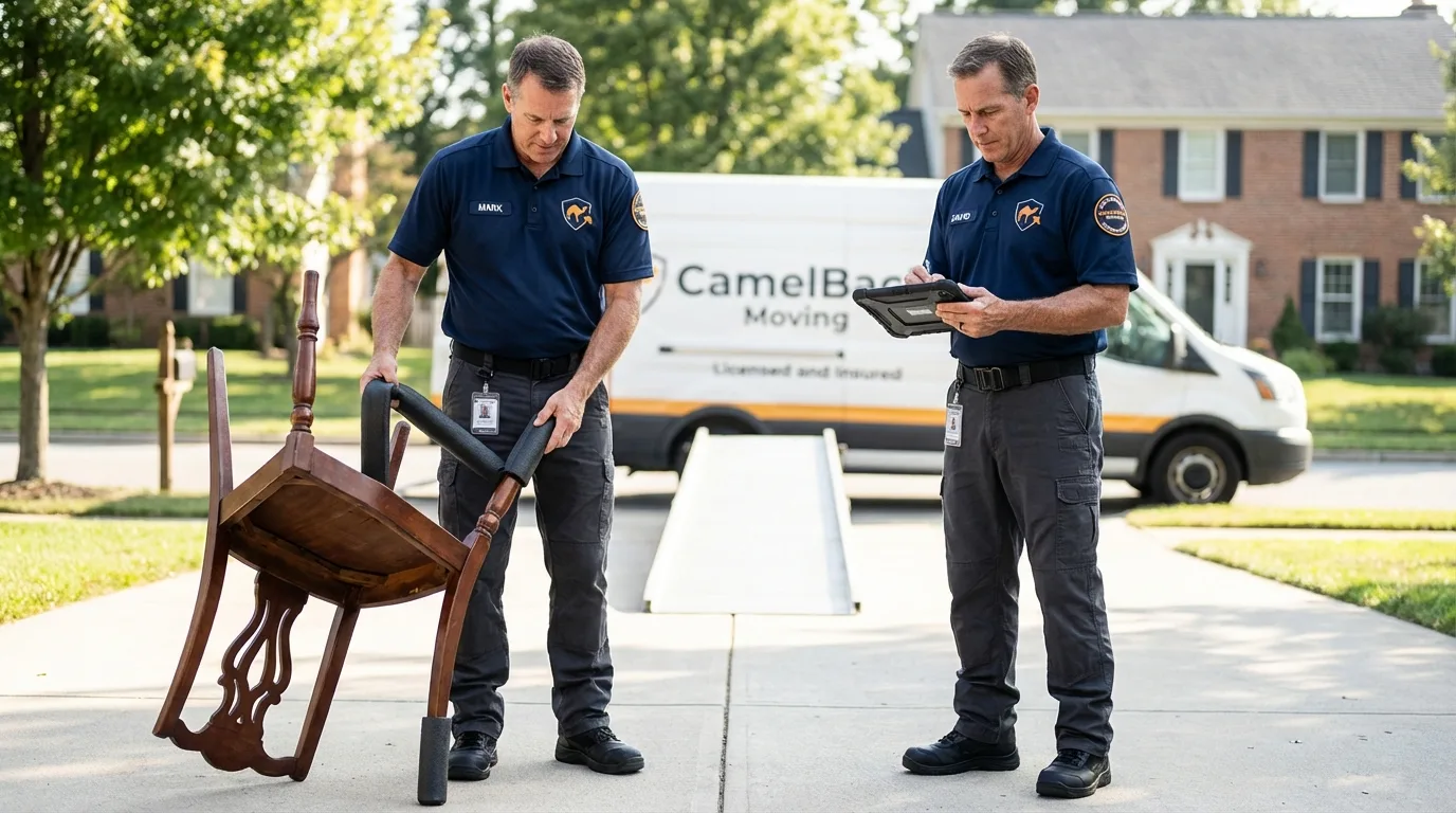 Movers inspecting furniture for damage prevention before loading in Friendswood, TX