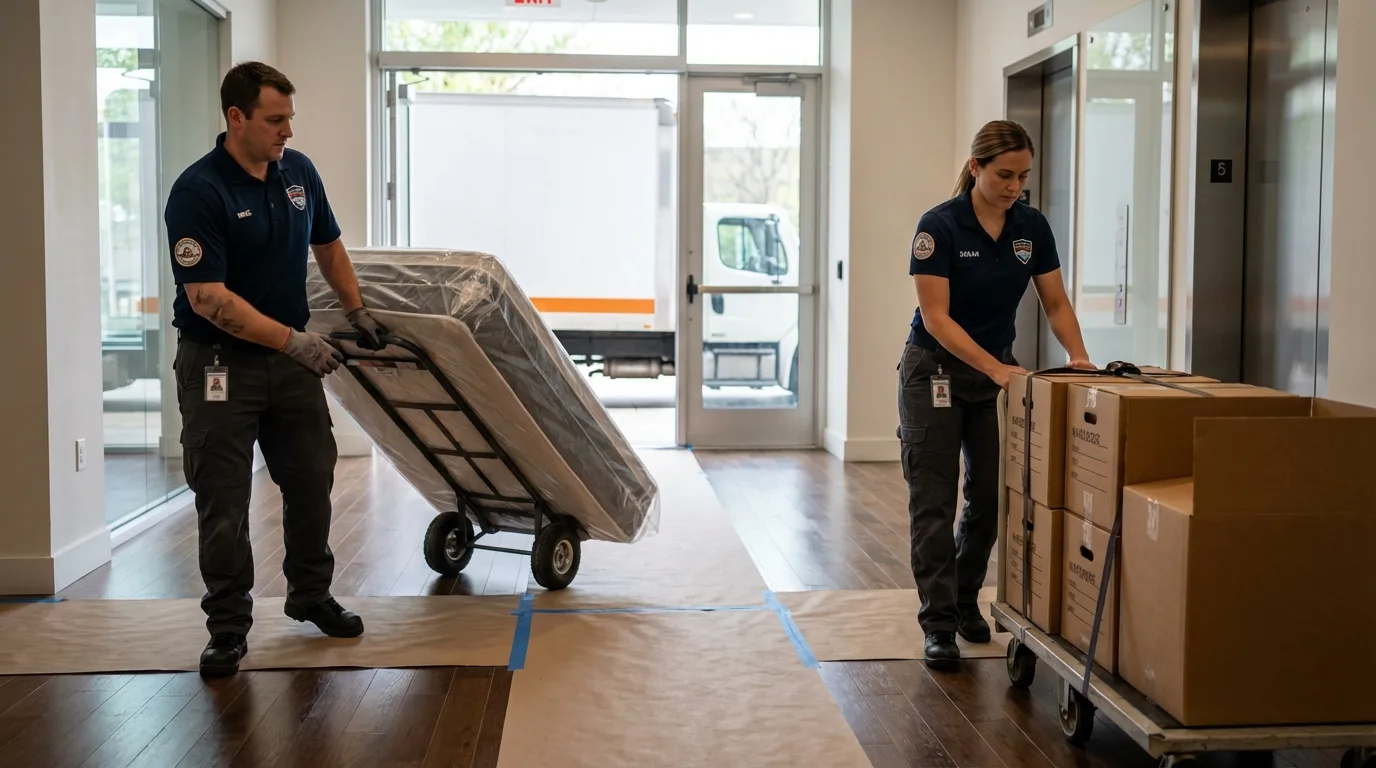 Professional apartment movers loading elevator in Friendswood, TX