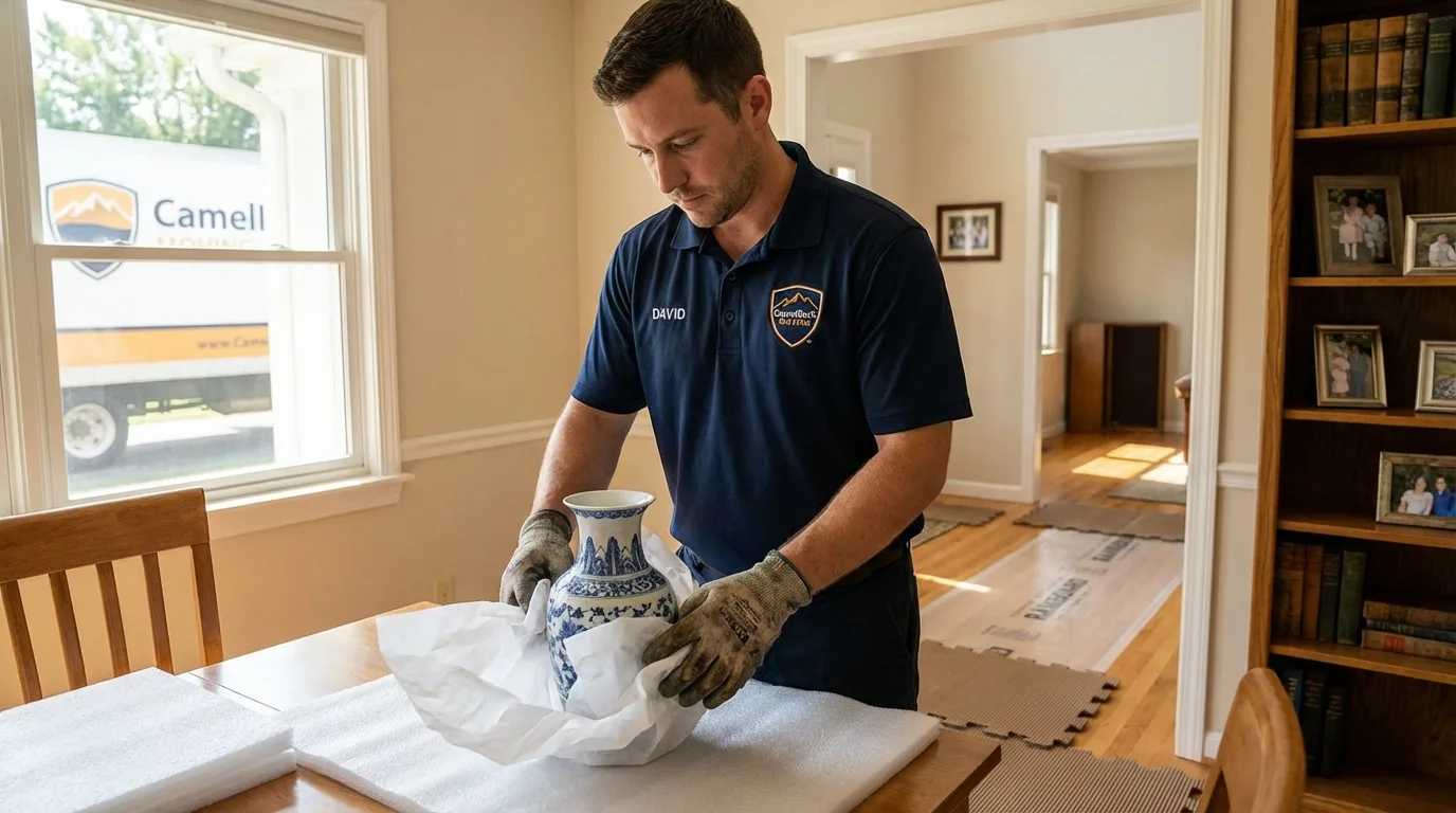 Professional crew carefully wrapping antique vase for senior downsizing move in Friendswood, TX