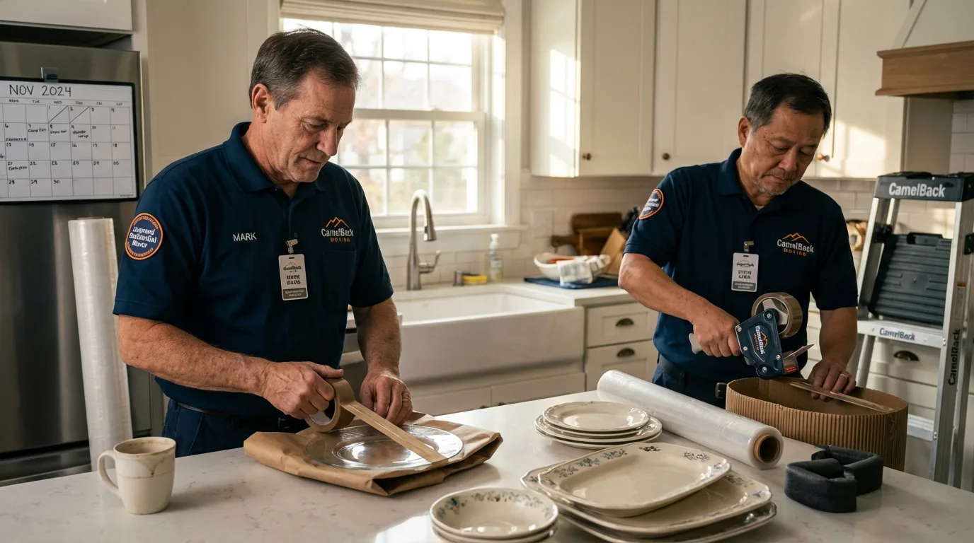 Professional crew packing kitchen dishware in Friendswood, TX